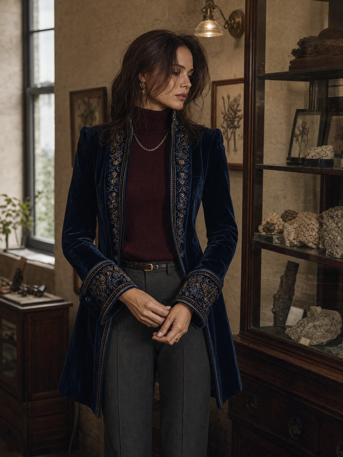 Victoria - Chaqueta Larga de Terciopelo Bordado