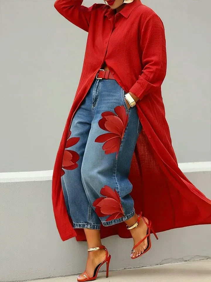 Maud | Conjunto Camisa Larga y Jean Floral