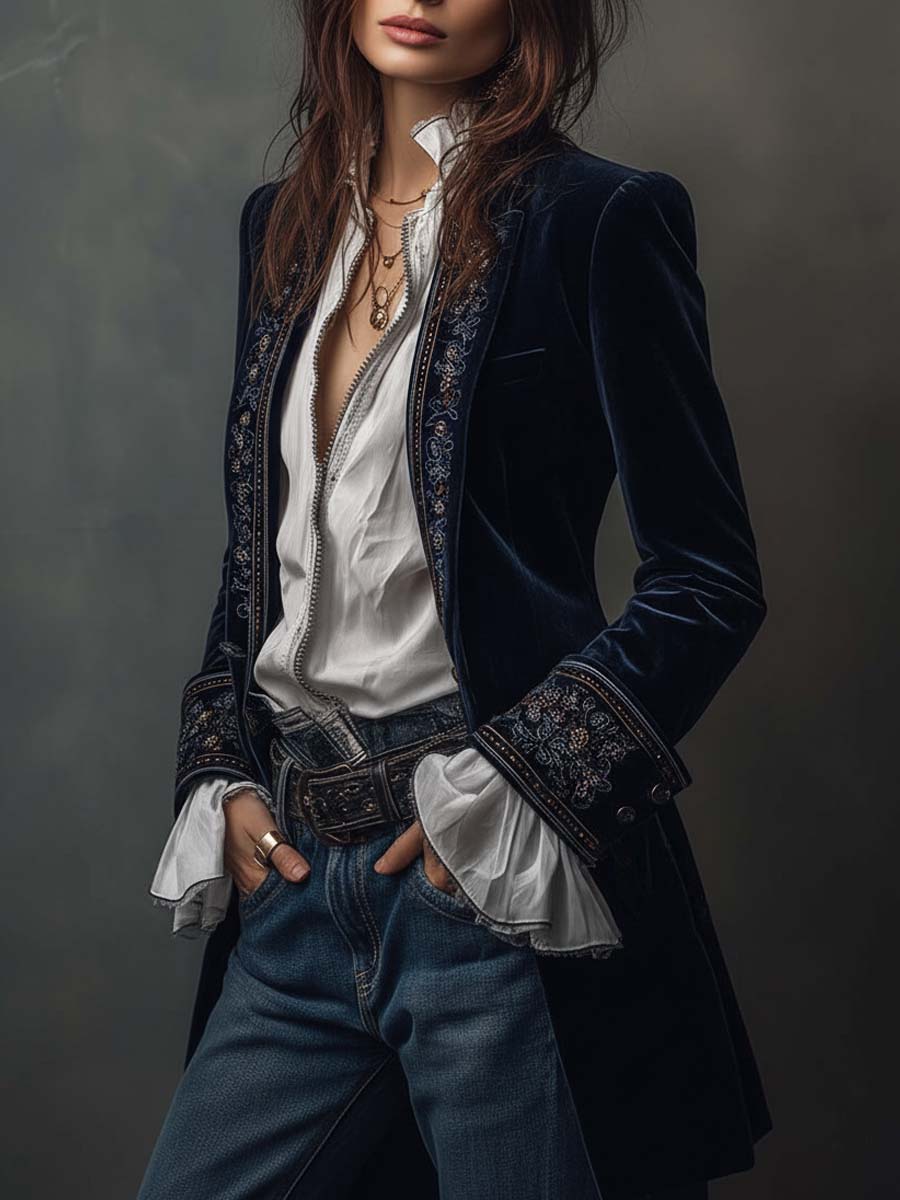 Victoria - Chaqueta Larga de Terciopelo Bordado