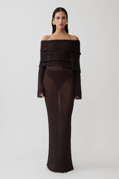 Marisol | Vestido Largo Bouclé Hombros Descubiertos