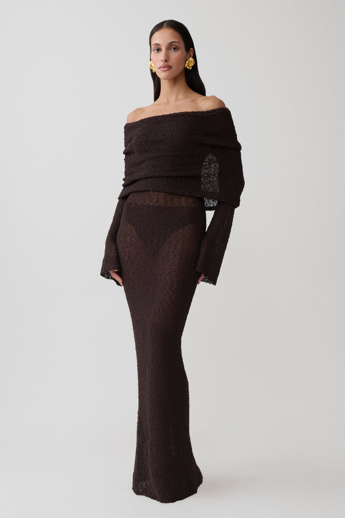 Marisol | Vestido Largo Bouclé Hombros Descubiertos