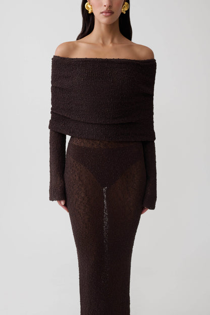 Marisol | Vestido Largo Bouclé Hombros Descubiertos