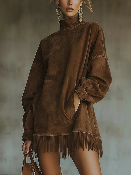 Vestido Vera efecto ante con flecos en marrón, cuello alto y mangas anchas