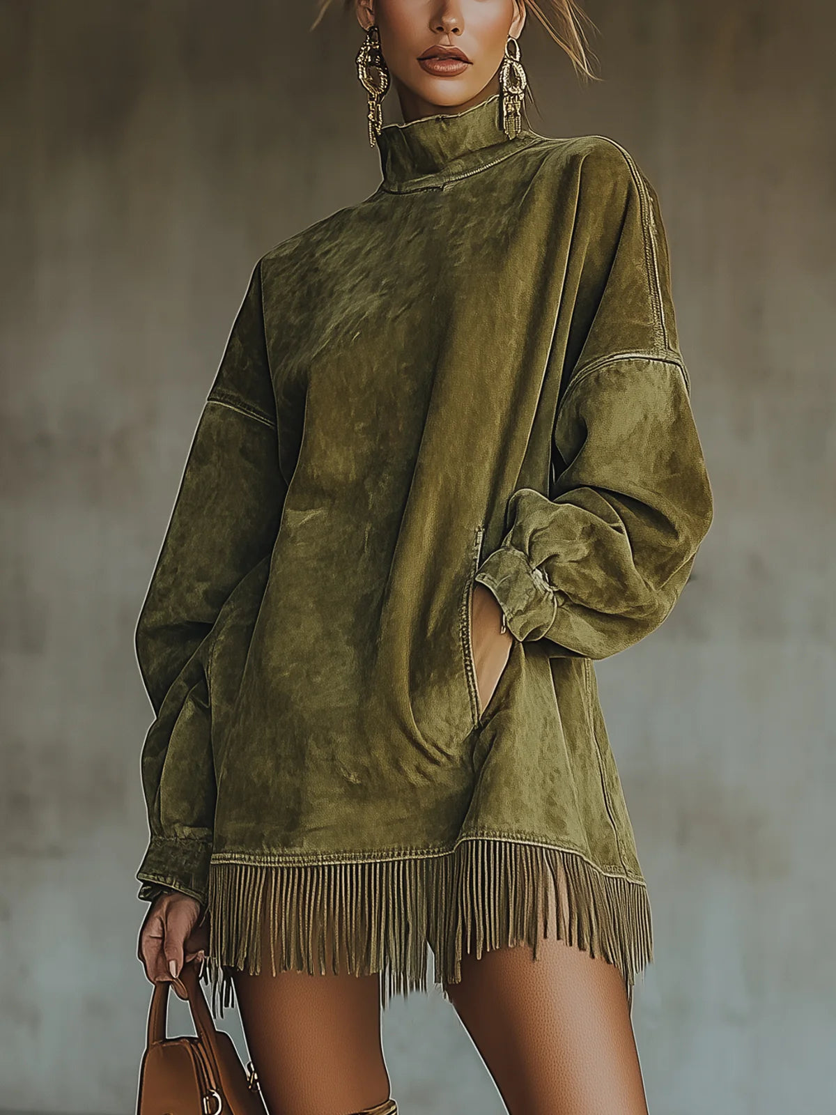 Vestido Vera oversize efecto ante con flecos en verde oliva, cuello alto, vista frontal