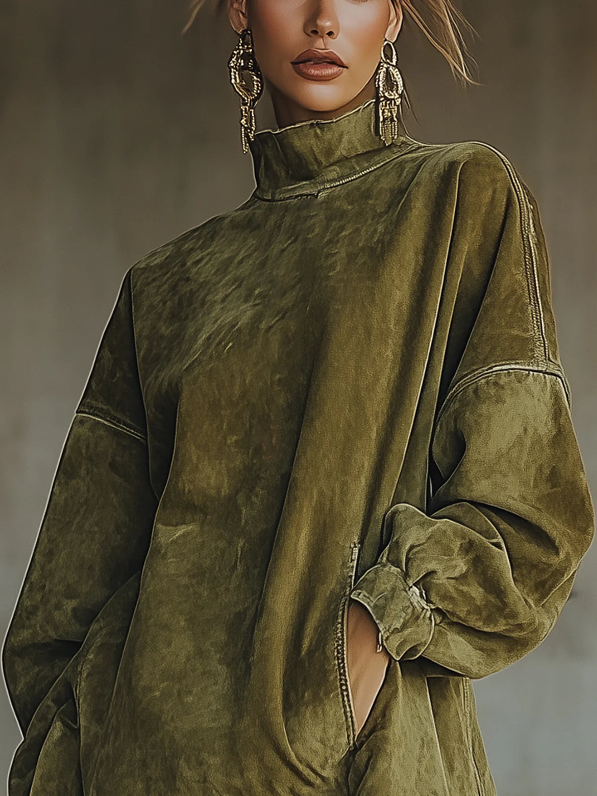 Detalle del cuello alto y la textura del efecto ante del vestido Vera en verde oliva