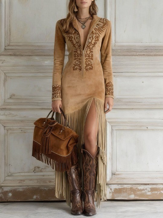 Beatriz | Vestido Largo de Ante con Flecos y Bordado