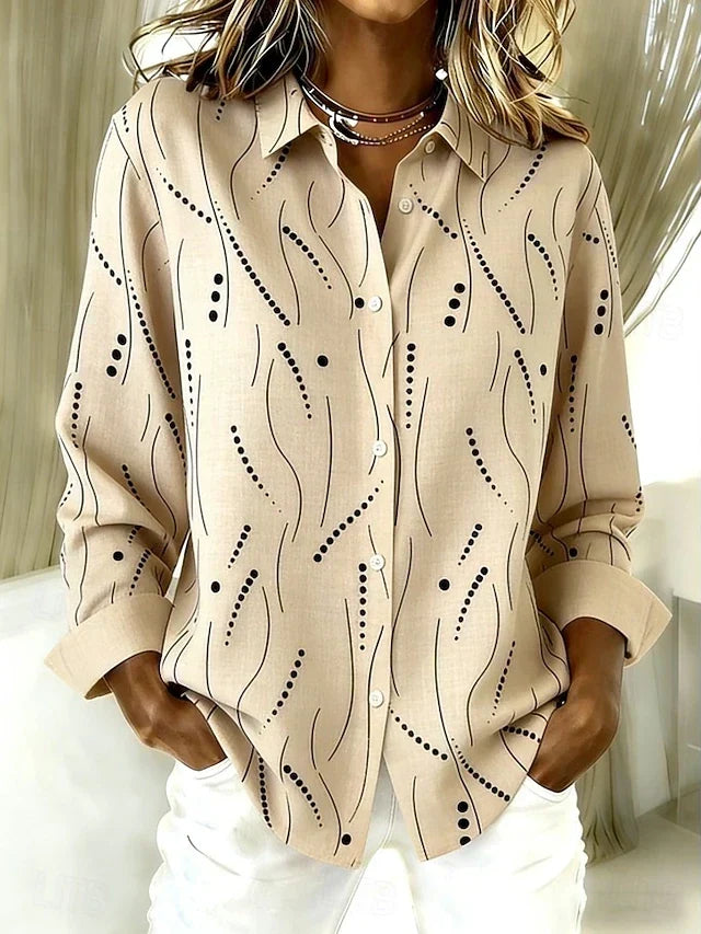 Blusa camisera de líneas y puntos en beige