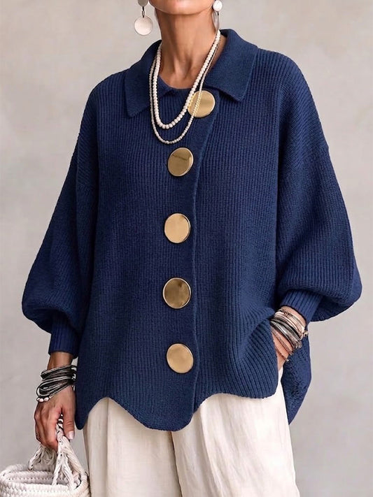 Karina | Cárdigan Oversize con Cuello y Botones – Azul Marino